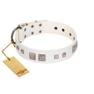 "Pure Quadratic" Designer Handmade FDT Artisan White Leather Dog Collar "Pure Quadratic" Designer Handmade FDT Artisan White Leather Dog Collar