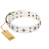 "Starry Heaven" Designer Handcrafted FDT Artisan White Leather Dog Collar with Stars and Studs "Starry Heaven" Designer Handcrafted FDT Artisan White Leather Dog Collar with Stars and Studs