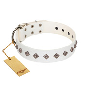 "Snowy Day" Stylish FDT Artisan White Leather Dog Collar with Small Dotted Pyramids "Snowy Day" Stylish FDT Artisan White Leather Dog Collar with Small Dotted Pyramids