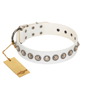 "Ancient Adornments" FDT Artisan Fancy White Leather Dog Collar with Silver-Like Decorations "Ancient Adornments" FDT Artisan Fancy White Leather Dog Collar with Silver-Like Decorations