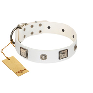 "Amazing Beauty" FDT Artisan Fancy White Leather Dog Collar with Silver-Like Decorations "Amazing Beauty" FDT Artisan Fancy White Leather Dog Collar with Silver-Like Decorations