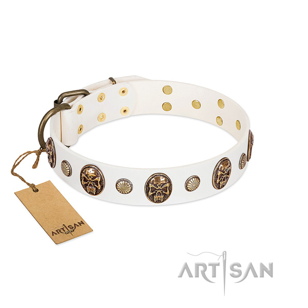 White Leather Dog Collar for Daily Control