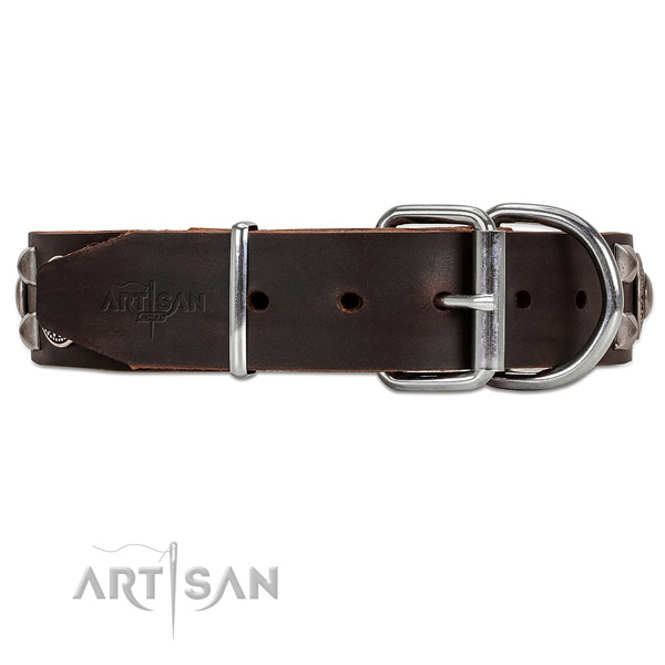 Strong leather dog collar with chrome plated hardware