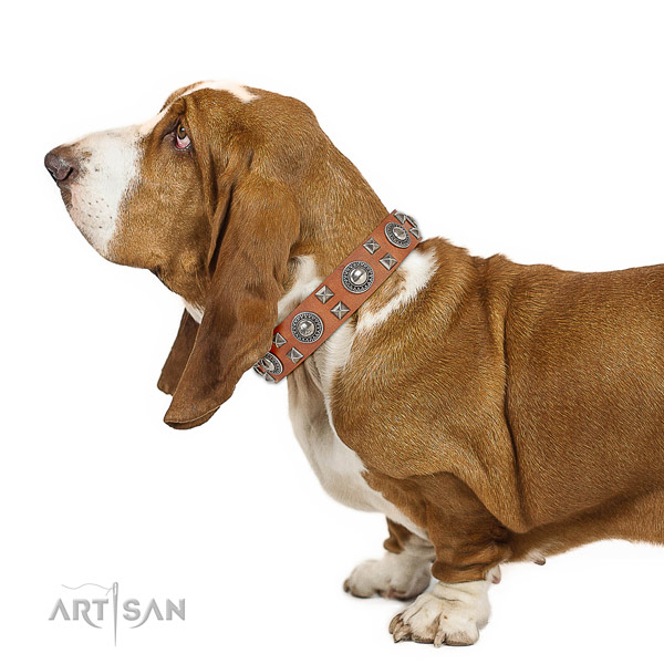 Handcrafted walking leather Basset Hound collar