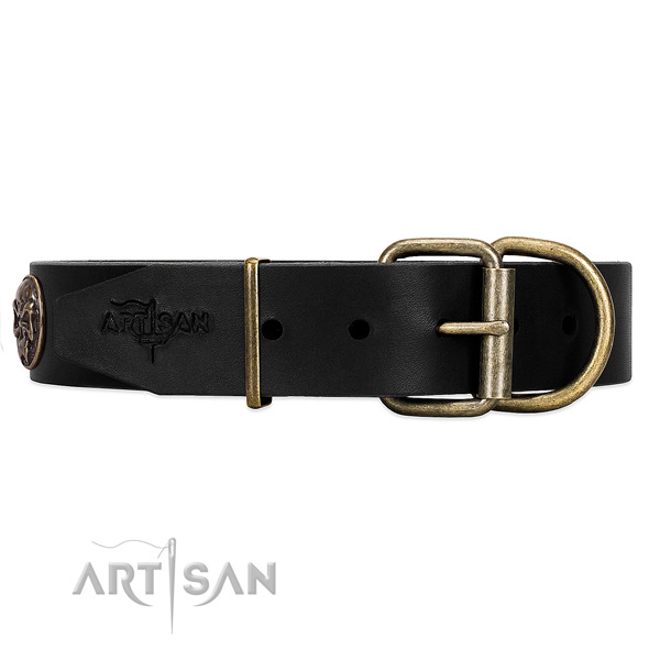 Strong Black Leather Dog Collar for Everyday Activity