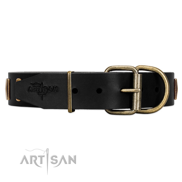 High-quality leather dog collar with rust-resistant hardware buckle and D-ring