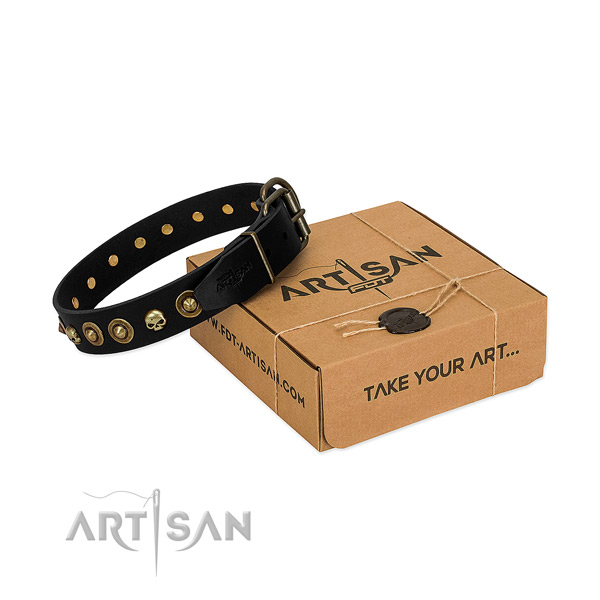 Handmade black leather dog collar adds beauty to your pet