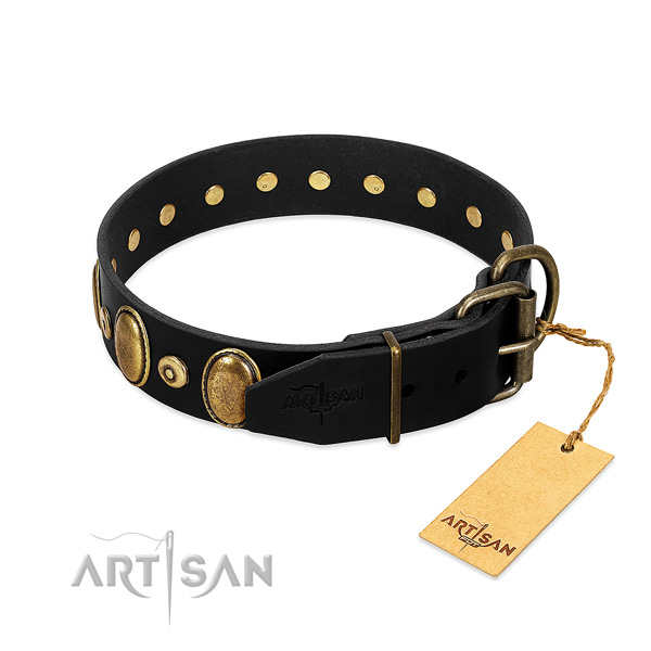 Decorated Leather Dog Collar with Old Bronze-like Plated Fittings