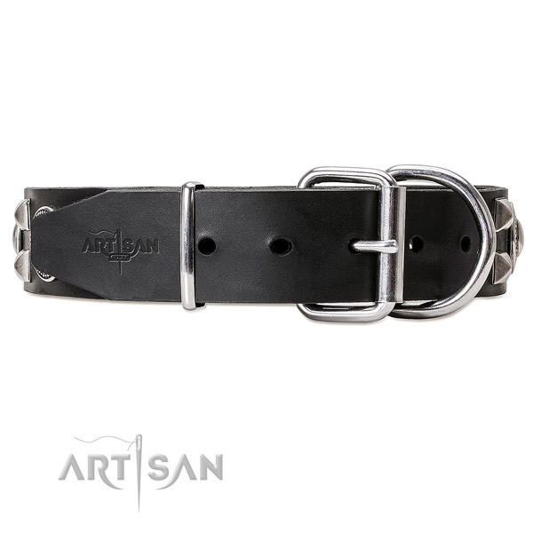 Strong leather dog collar with chrome plated hardware