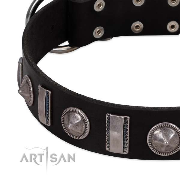 Black leather dog collar with vintage decorations