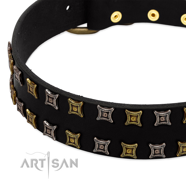Amazing black leather collar with two rows of gorgeous studs