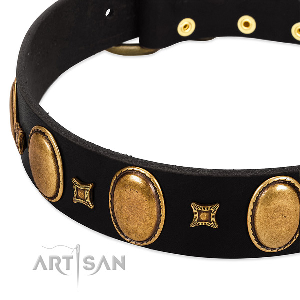 Black leather dog collar with vintage decorations