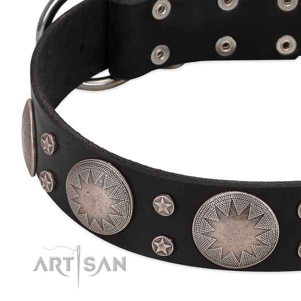 Black leather dog collar with vintage decorations