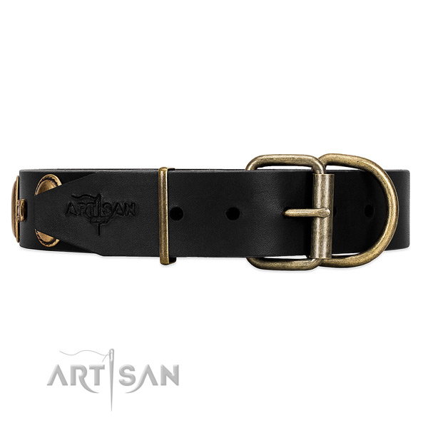 Leather dog collar with old bronze-like hardware