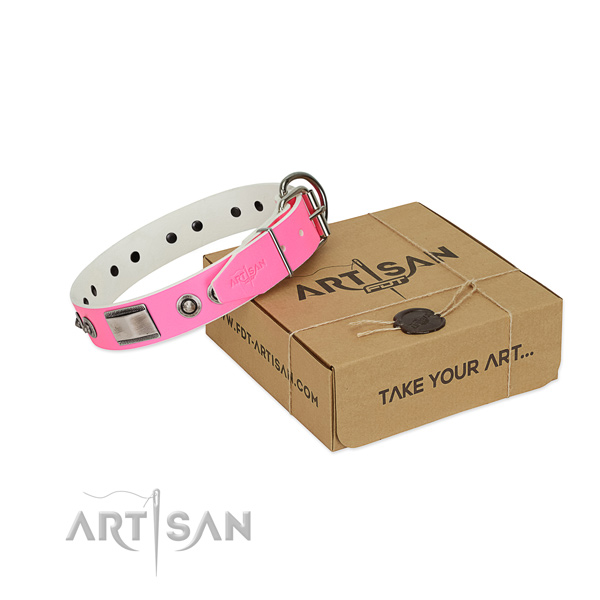Pink leather dog collar for comfortable wear