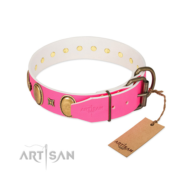 Royal look pink leather dog collar for daily outings
