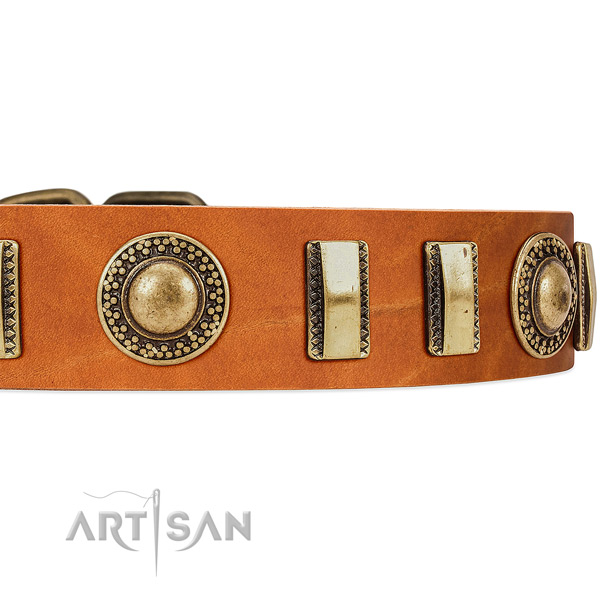 Old Bronze-like Plated Engraved Adornments on Tan Leather Dog Collar