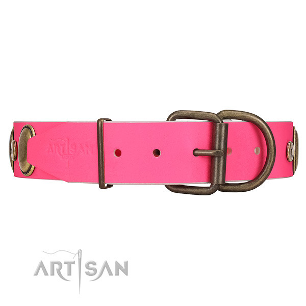 Embellished Leather Dog Collar with Old Bronze-like Plated Fittings