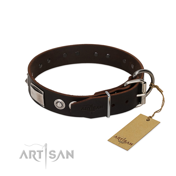 Brown leather dog collar produced of premium quality materials