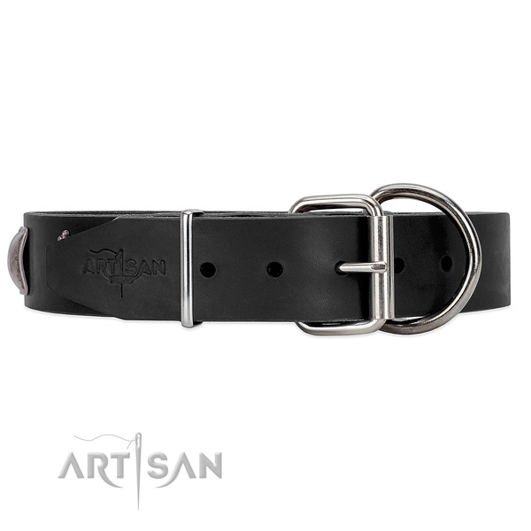 Reliable Hardware on Black Leather Dog Collar