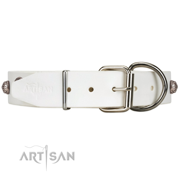 Leather dog collar with vintage silver-like hardware