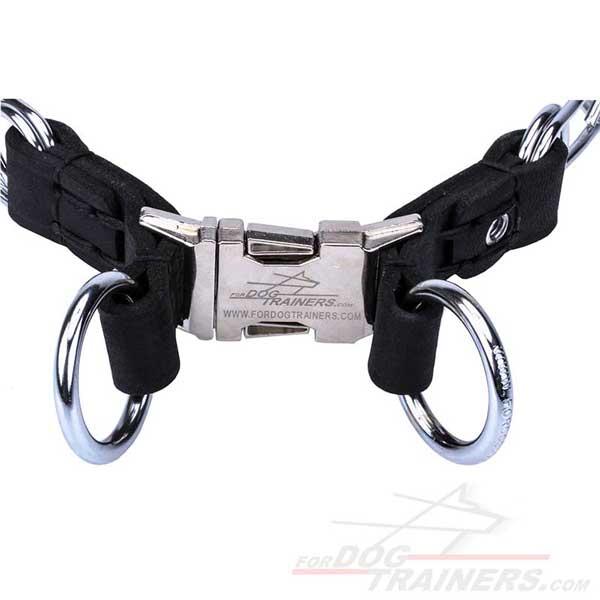 Dog pinch collar with secure quick release buckle