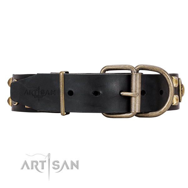 Strong leather dog collar with chrome plated hardware