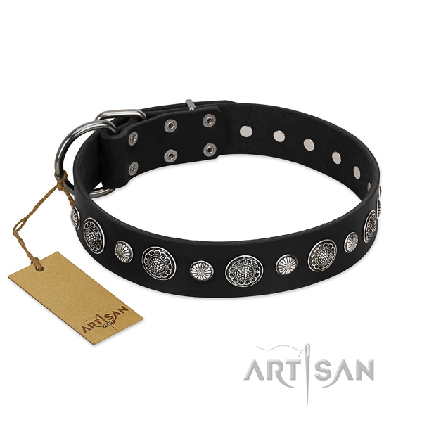 Black Leather Dog Collar with Exquisite Circles of Chrome-plated Steel