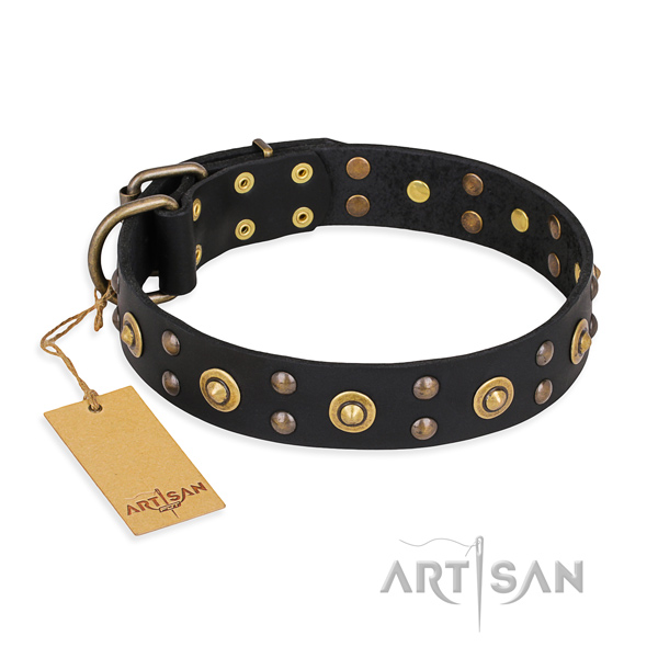 Black Leather Dog Collar with Bronze Look Decorations