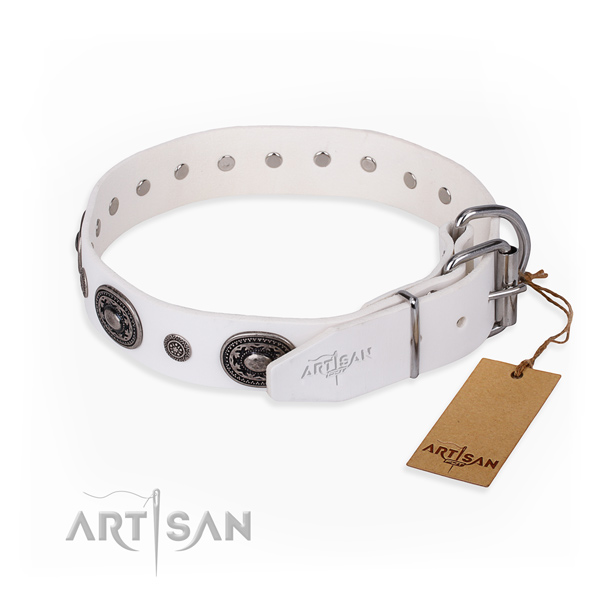 White Leather Artisan Dog Collar with Old Silver Look Hardware