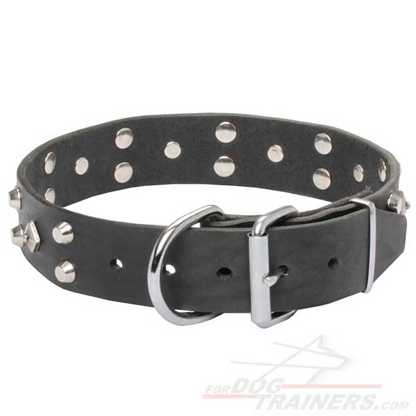 Dog Collar Leather with Steel Nickel Plated Buckle and D-ring