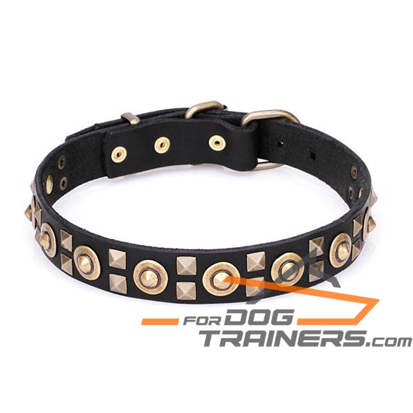 Dog Leather Collar with Old Bronze-plated Adornment