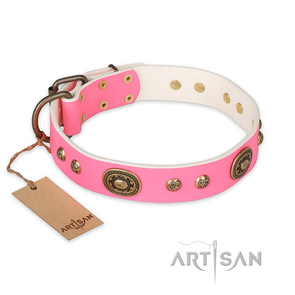 Pink Leather Dog Collar for Fashionable Regular Walking