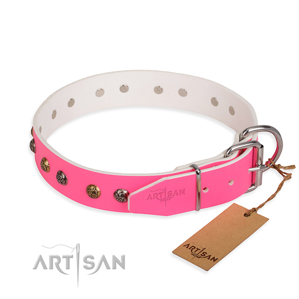 Fashion Pink Leather Dog Collar Decorated with Old Look Studs