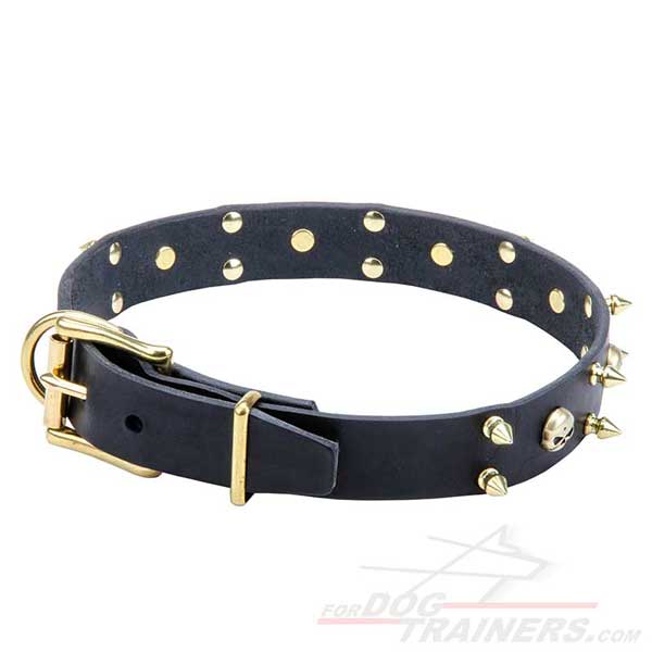 Dog Leather Collar with Brass Buckle and D-ring