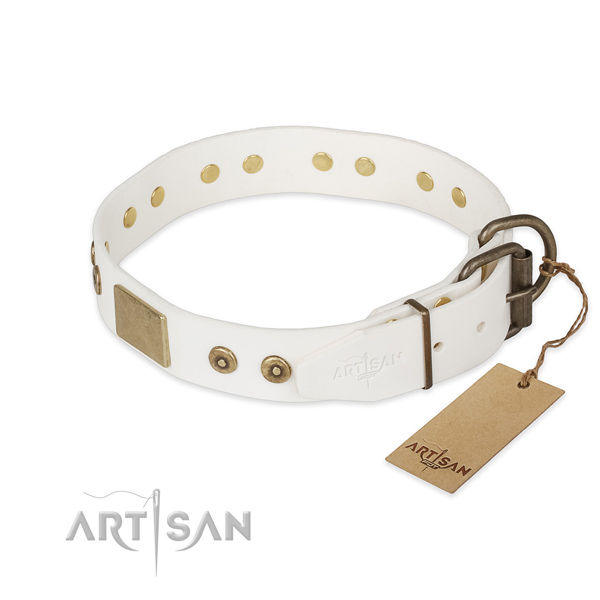White Leather Dog Collar with Old Bronze Look Fittings