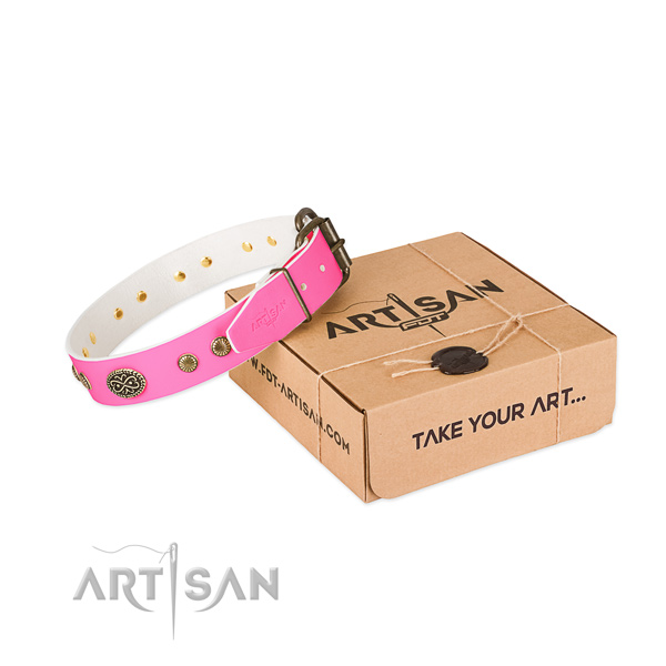 Pink Leather Dog Collar with Plates and Studs
