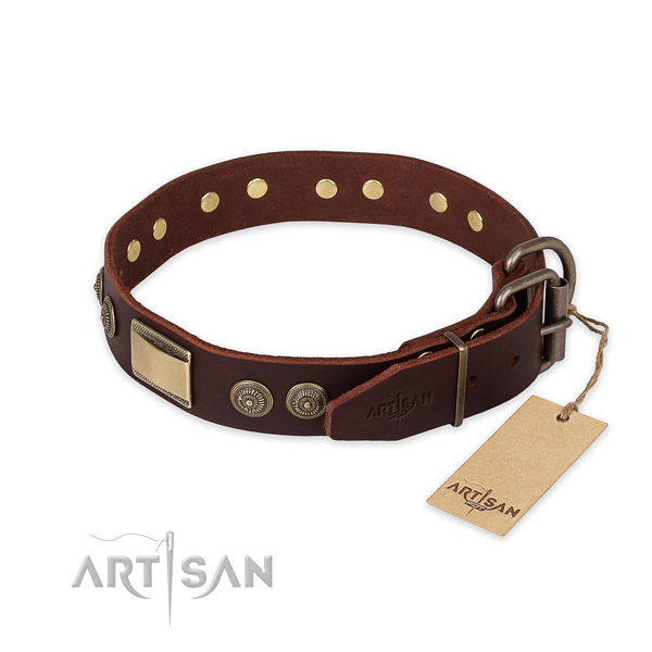 Fashionable Leather Dog Collar with Old-like Brass Plated D-Ring