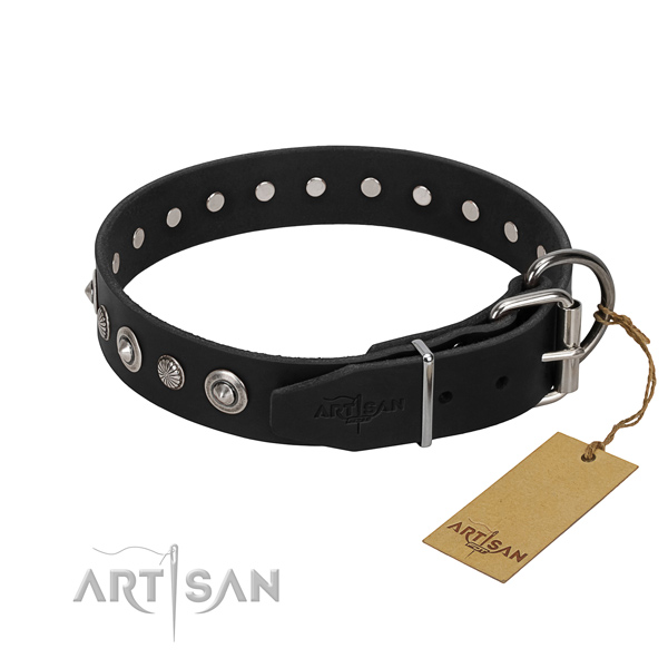 Black leather FDT Artisan dog collar with chrome-plated fittings