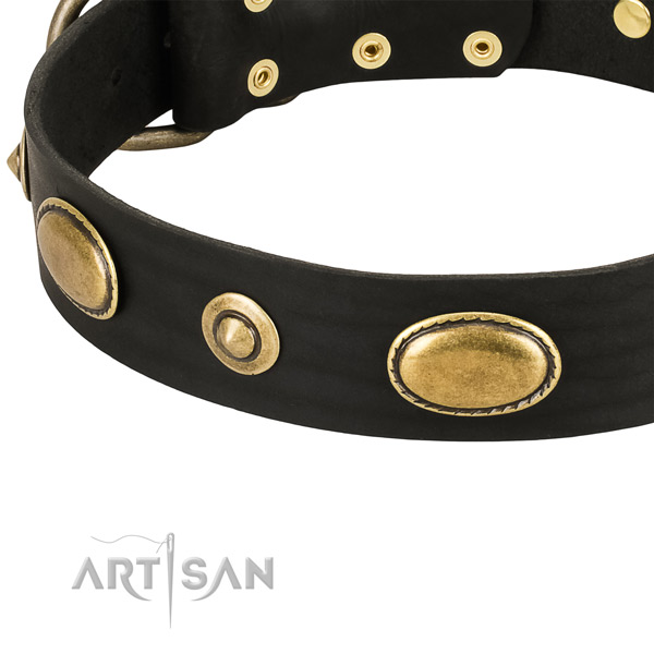 Decorative Leather Dog Collar with Bronze-Like Plated Decorations