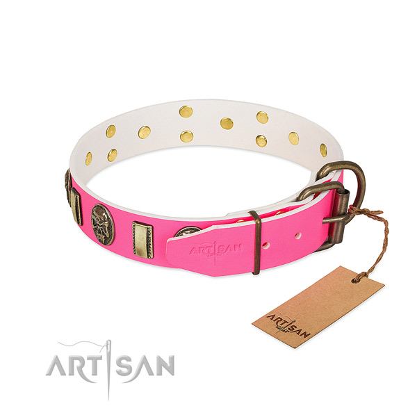 Pink leather dog collar with rust-proof hardware