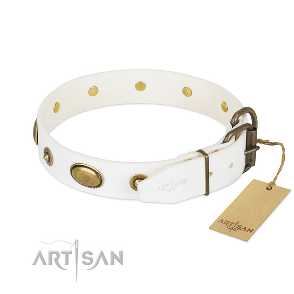 White Leather Dog Collar with Strong Hardware