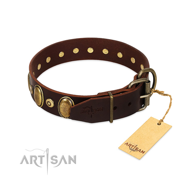 Adjustable Leather Dog Collar Adorned with Bronze-like Plated Adornments