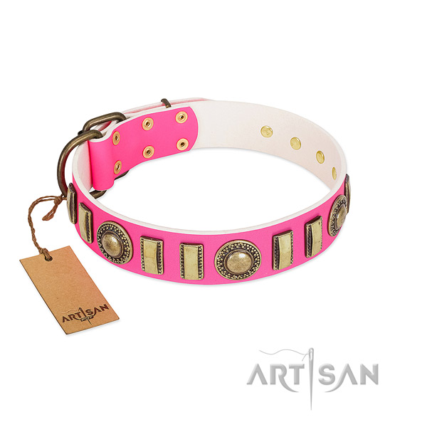 Designer FDT Artisan pink leather dog collar for walking