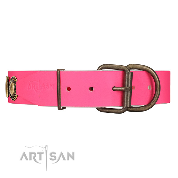 Pink dog collar with old bronze-like hardware