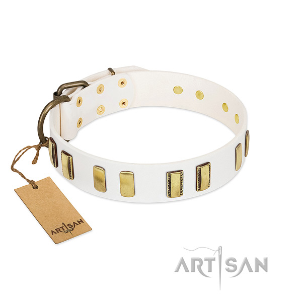 White Artisan leather dog collar with extraordinary decorations