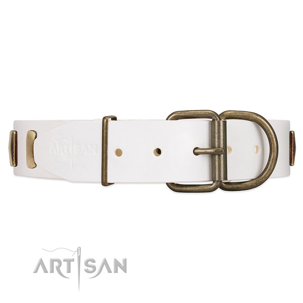 White leather collar to handle the dog reliably