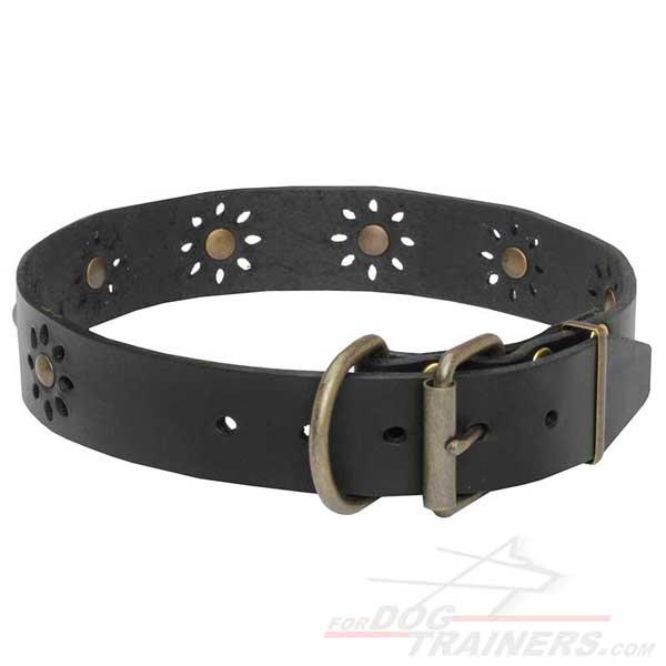 Leather Dog Collar with Rust-proof Buckle and D-ring Brass Alloy
