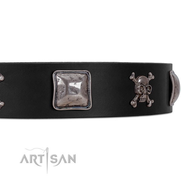 Black Dog Collar with Old-bronze Plated Decorations