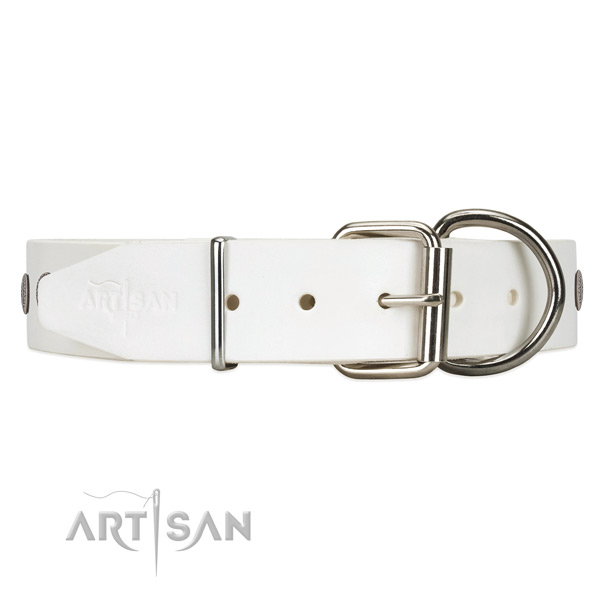 Strong leather dog collar with durable hardware of chrome-plated steel